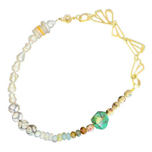 Load image into Gallery viewer, Take Flight necklace with turquoise, pearl, opal, vintage hand painted beads and buttons, and quartz
